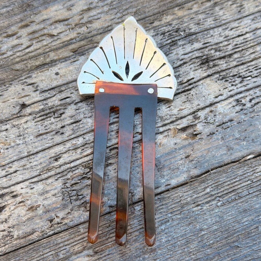 1920s Art Deco Celluloid Silver Rhinestone Hair Clip Comb Vintage Tortoise shell - Picture 5 of 6
